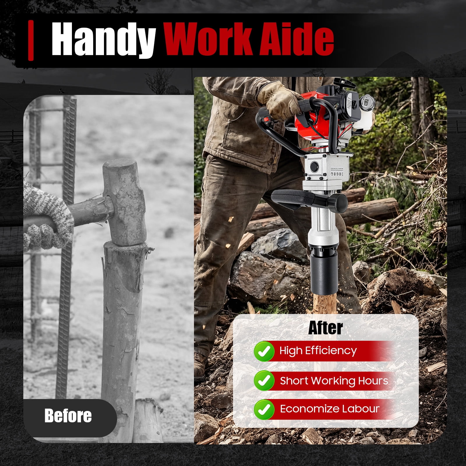 Miumaeov 2-Stroke Gas Powered T Post Driver 32.7CC 1000W Gas Powered Pile Driver 2 IN 1 Fence Post Driver with Air Cooled T Post Driver Hammer Drill with Conversion Head, Chisel & 2 Sleeves