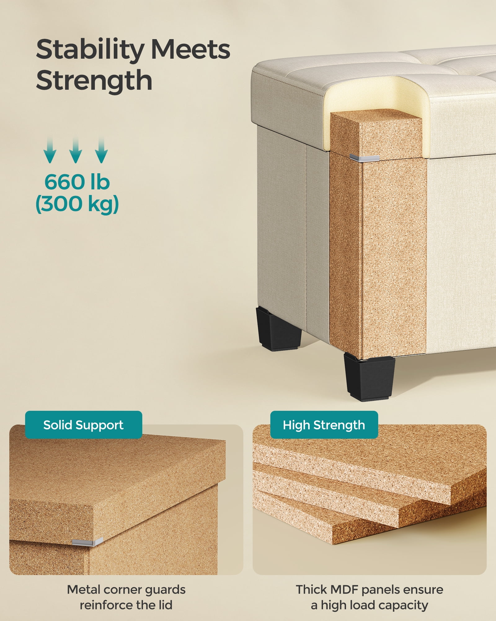 SONGMICS 43" Storage Ottoman Bench Foldable Ottoman with Storage Ottoman for Bedroom Living Room Cream White