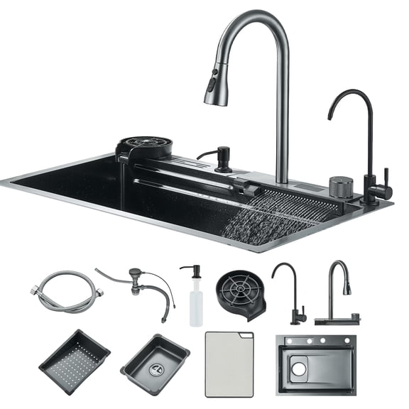 Zovajonia Stainless Steel Kitchen sink With LED Digital Display  29"x17" Waterfall Smart Sink Workstation Drop In Nano Sinks with Faucet Combo