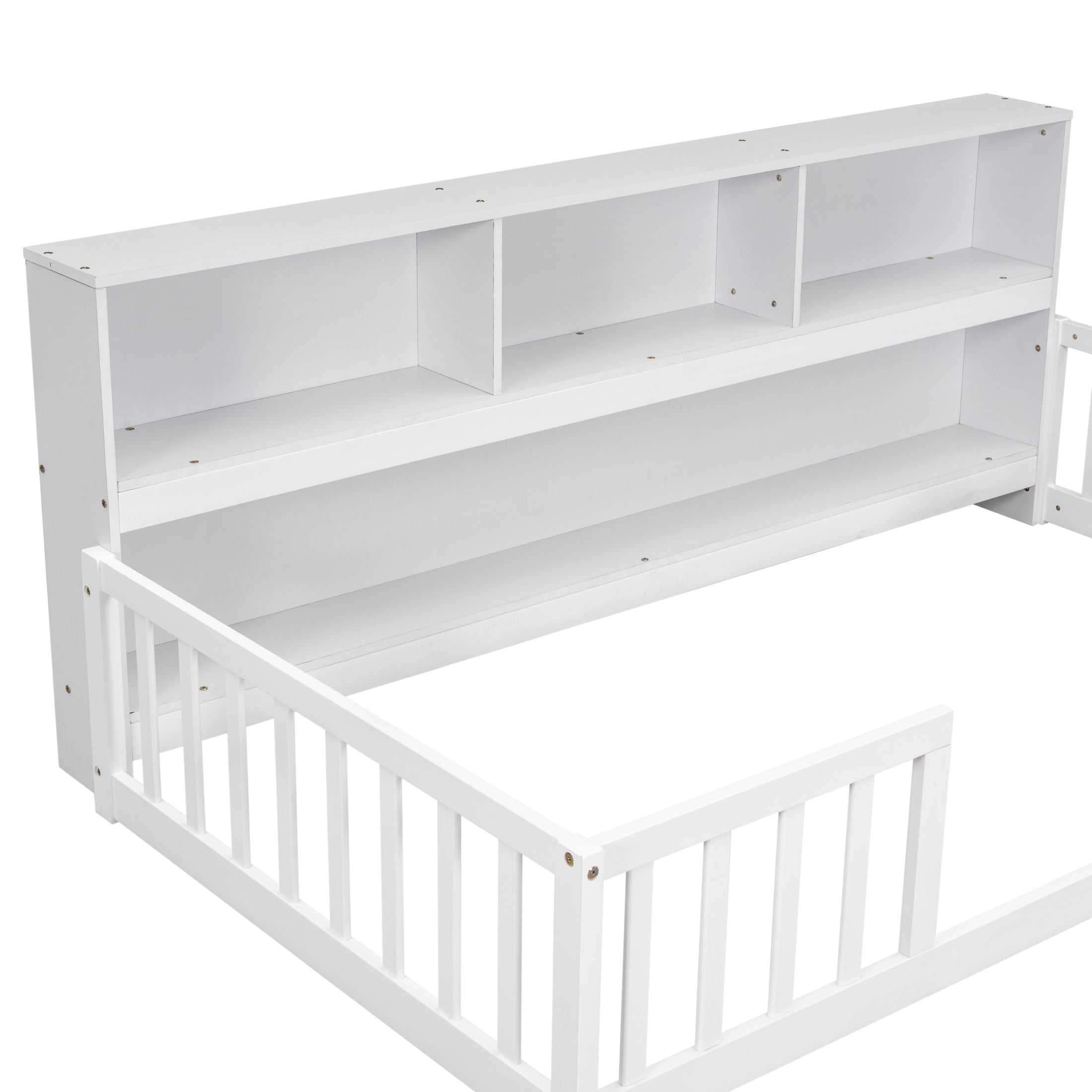 Noble House Lester Twin Size Floor Bed, Pine Wood Frame with Side Bookcase, Shelves, and Guardrails for Kids, White