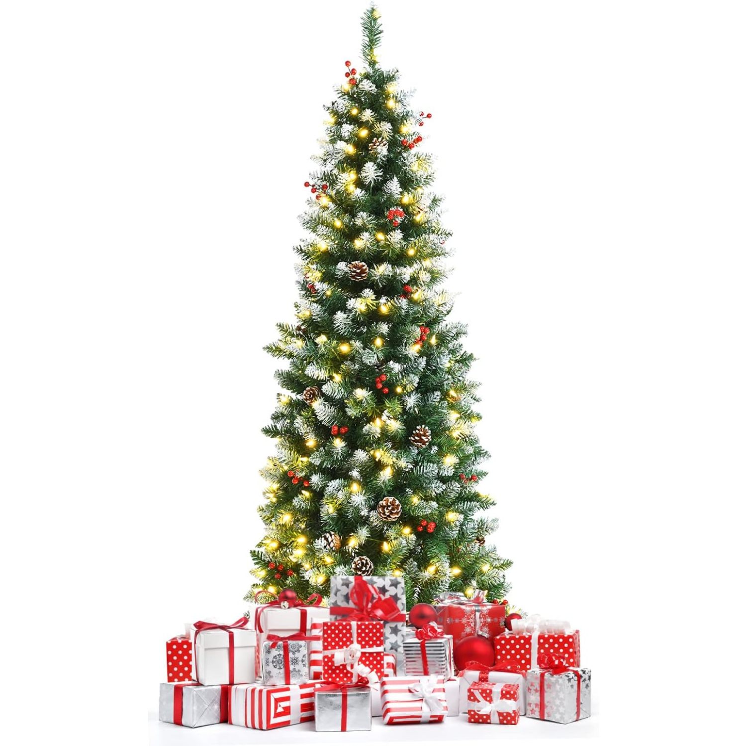6ft Prelit Artificial Christmas Tree Slim Artificial Xmas Tree with 300 LED Lights & 618 Branch
