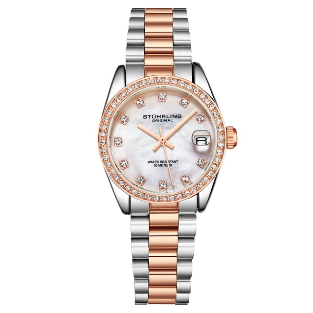 Reloj de cuarzo Stuhrling Original 31 mm con marcadores de cristal rosa/dorado