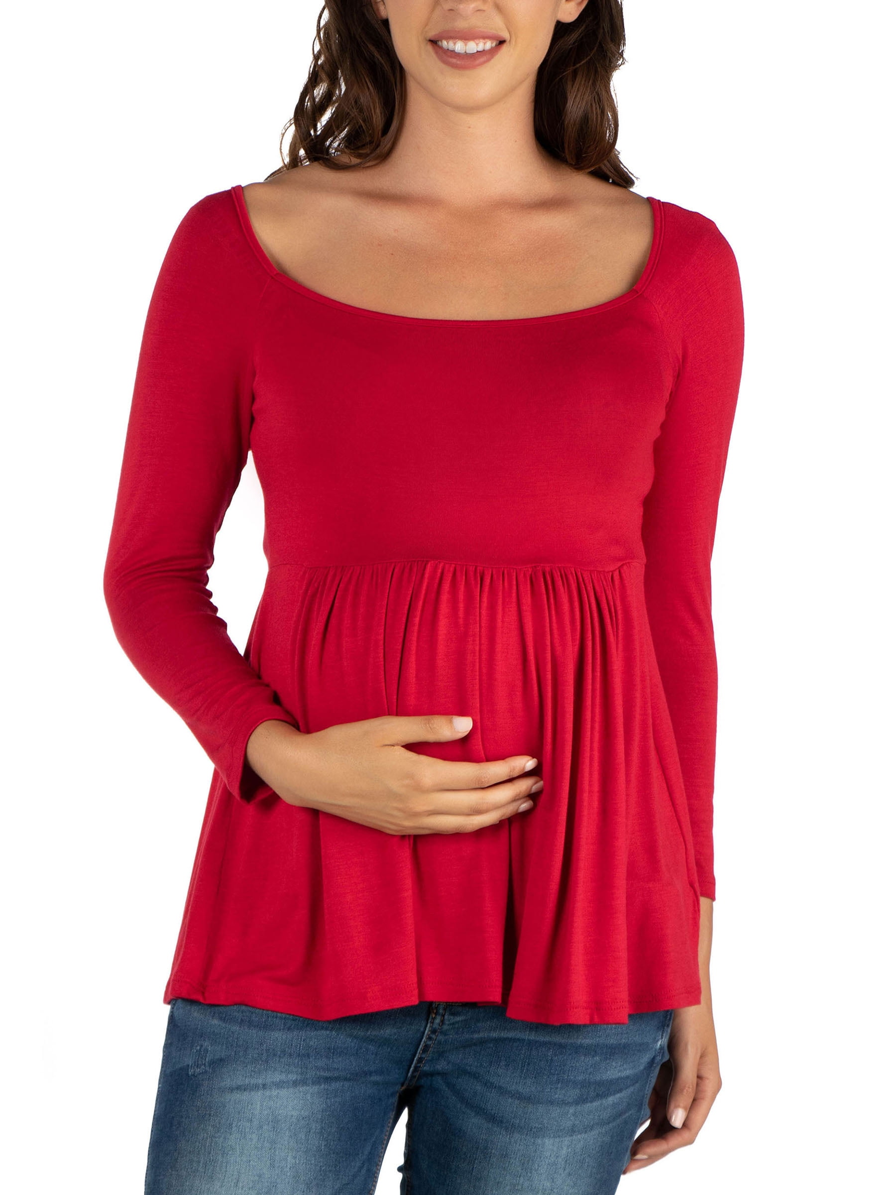 24seven Comfort Apparel Wide Neck Pleated Maternity Long Sleeve Tunic