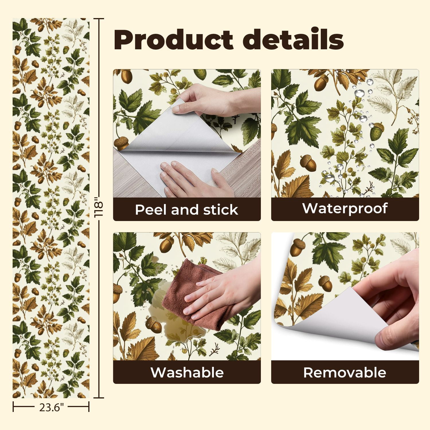 Peel and Stick Wallpaper 23.6in x 9.8ft Vintage Botanical Oak Leaves Acorns Cream Contact Paper Vinyl Waterproof Self Adhesive Wall Paper for Bedroom Shelf Cabinet Renter Friendly
