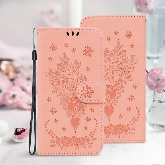 Allytechgroup Flower Embossed Flip Stand Cards Slots Shockproof Hand Wrist Wallet Case Cover for Samsung Galaxy S24 Plus, Pink