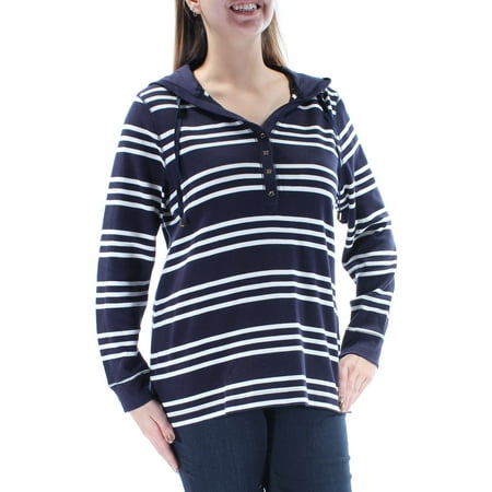 CHARTER CLUB Womens Navy Hooded Striped Long Sleeve V Neck Top Plus Size: 0X
