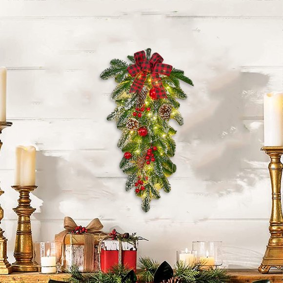 SuoKom Christmas Wreath with Lights, Pre-Lit Christmas Wreath with Ribbon, Ball Ornaments, for Door Window Mantle Christmas Decoration