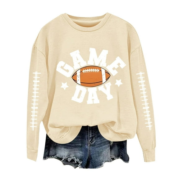 VISALY Pullover Crewneck Sweatshirt Graphic Sweatshirts Football Sweatshirts Cute Baseball Graphic Print Long Sleeve Shirts Fall Winter Pullover Casual Sweaters Oversized Tops Tunic Tops Beige L