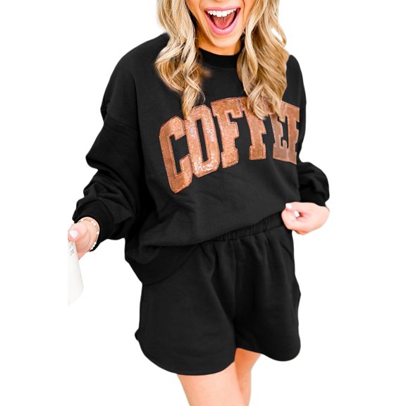 Women's Black Sequined Loose Fit Sweatshirt and Shorts Set | [ZhiHiMeRi] | (US 12-14)L