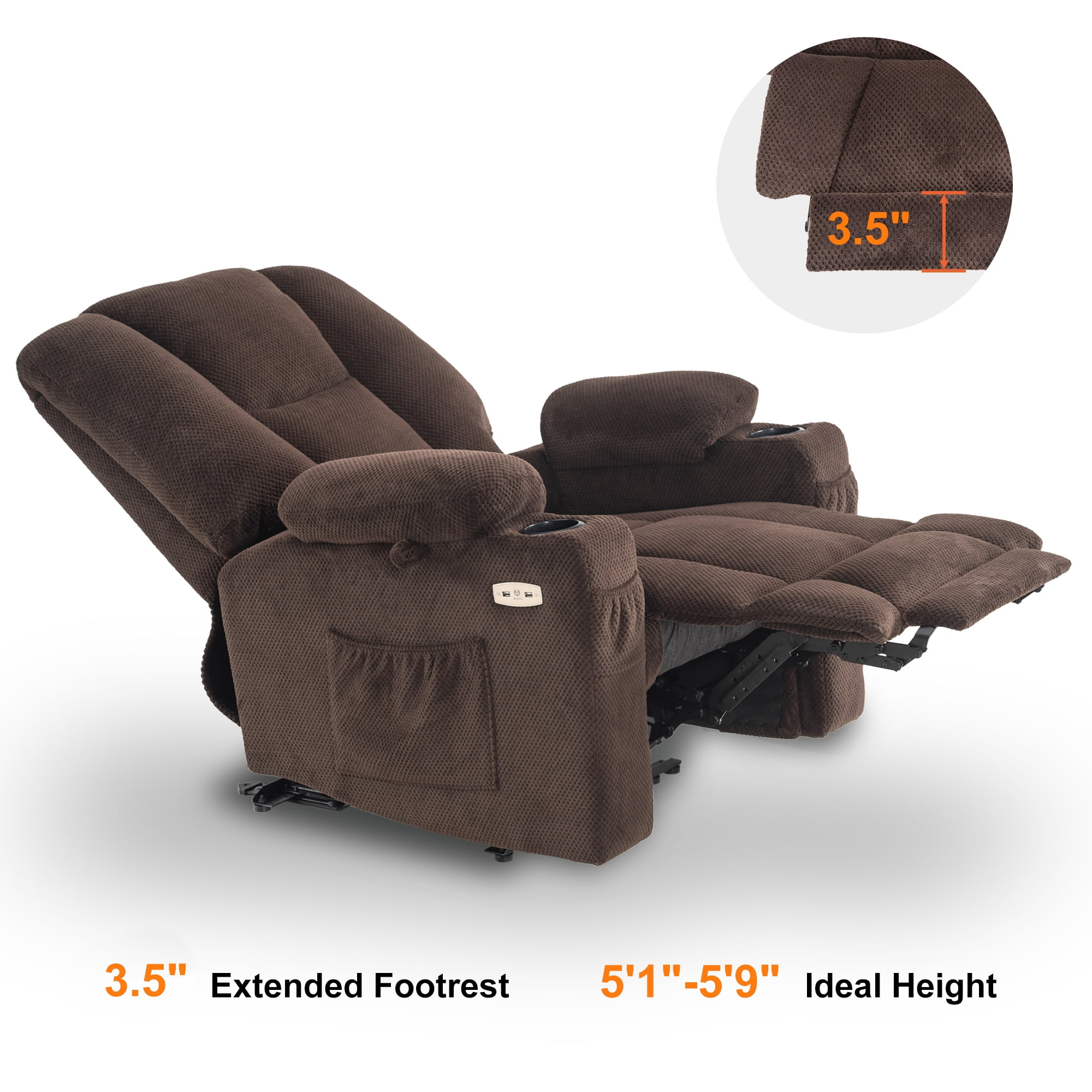 MCombo Electric Power Recliner Chair with Massage & Heat, Extended Footrest, USB Ports, 2 Side & Front Pockets, Cup Holders, Brown Plush Fabric 8015