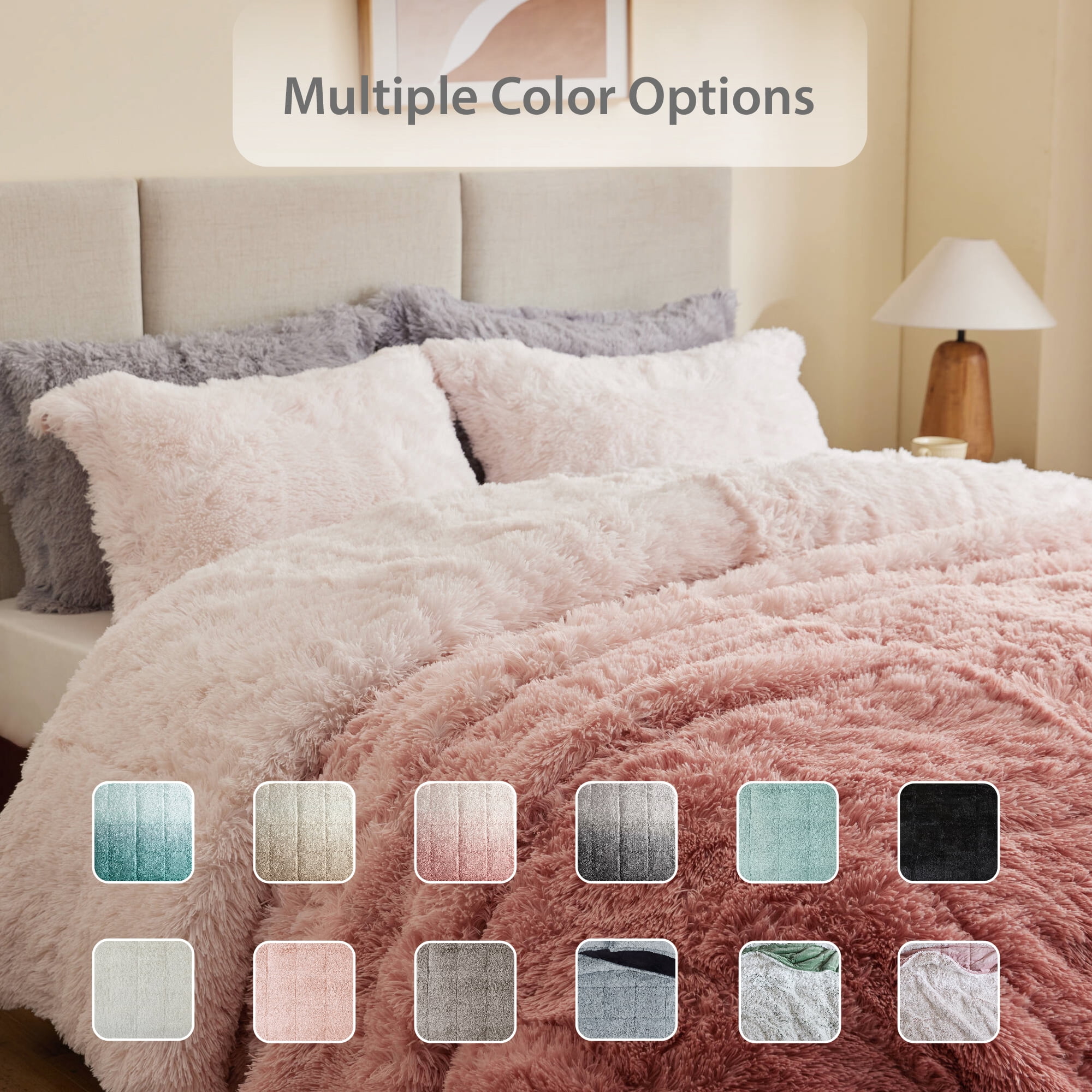 Intelligent Design King/Cal King Shaggy Faux Comforter Set, Long Fur Wave Spring Comforter Bedding Set, 3-Piece Striped Ombre Design Warm Bed Set, Blush