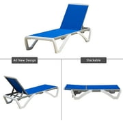 Domi Patio Chaise Lounge Chair Set of 3,Outdoor Aluminum Polypropylene Sunbathing Chair with Adjustable Backrest,Side Table,for Beach,Yard,Balcony,Poolside(2 Blue Chairs W/Table)