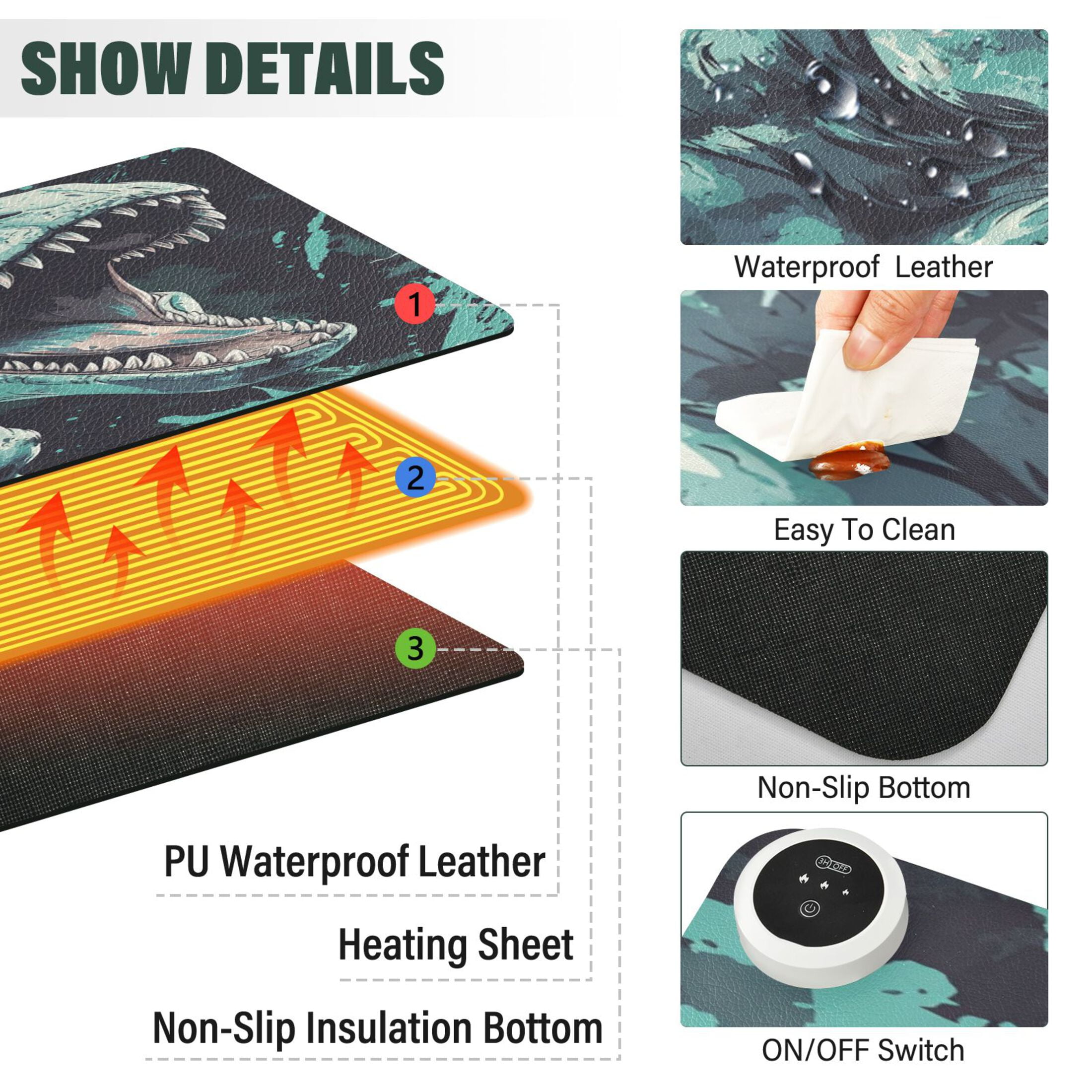 Wobogo Tyrannosaurus Rex Heated Mouse Pad Extra-Large Desk Mat With 3 Heating Levels and 3-hour Auto Shut-Off Protection Ideal for Computer Keyboards Home Office Hand-warming Essential 31.5in × 13in