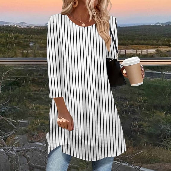 Miluxas Women's 3/4 Sleeve Tunic Tops Stripe Printed Crew Neck Blouses Dressy Casual Loose Fit Fall and Winter Shirts White XL(XL)