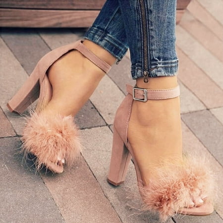 

Women Pumps Shoes Chuncy Fashion Buckle Strap Fluff Sandals Thick Heel High Heels Shoes