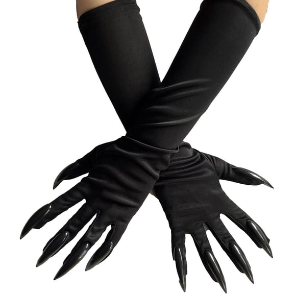 Halloween Cat Woman Paw Gloves - Black Party Gloves with Long Fingernails and Claws - Cosplay Costume (1 Pair)