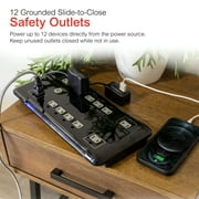 GE Surge Protector Power Strip with USB Ports, 8 Ft Long Extension Cord, 4320 Joules, 12 Outlet Extender (Wide Spaced), 2 USB-A, Flat Plug, Black
