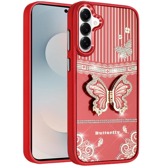 XPM for Samsung Galaxy S26 Phone Case, Glitter 3D Butterfly Design Bling Metallic Edge Hybrid Stand Drop Protection TPU Shockproof Cover for Samsung s26 (Red)