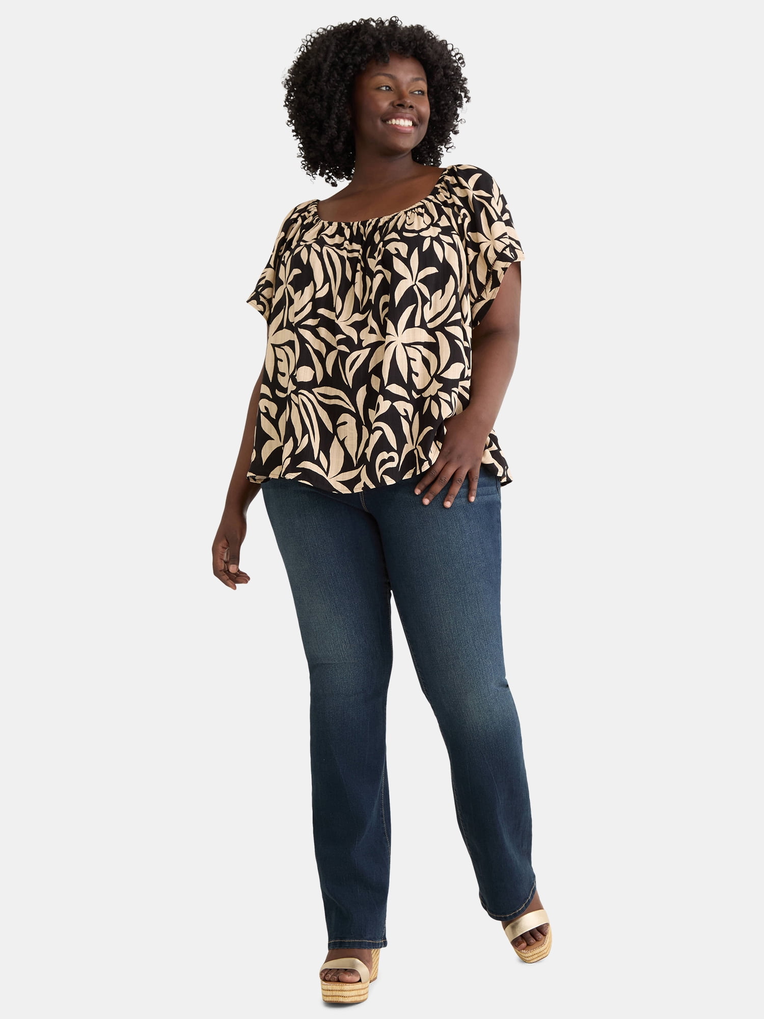 Terra & Sky Women's Plus Convertible Blouse with Short Sleeves, Sizes 0X-5X