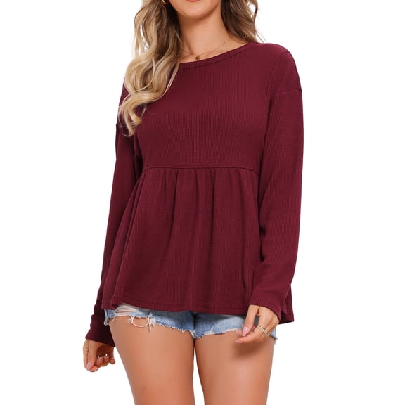 DARING DIVA Women's Waffle Knit Top Long Sleeve Babydoll Peplum Blouses XS Burgundy