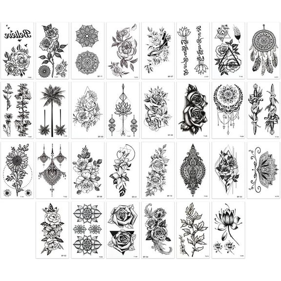 30 Sheets Black Flowers Temporary Tattoos Women Men Removable Floral Rose Leaf Branch Stickers Paper Waterproof Realistic Long Lasting Makeup for DIY Body Collarbone Arm Back Leg Art