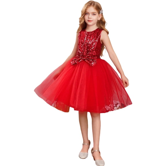 WMQPNNS Flower Girl Dress Sparkling Bowknot A Line Tutu Dress Elegant Party Ball Gowns Pageant Formal Dress Girls Fashion, Dress for Age 8-9 Years, Red