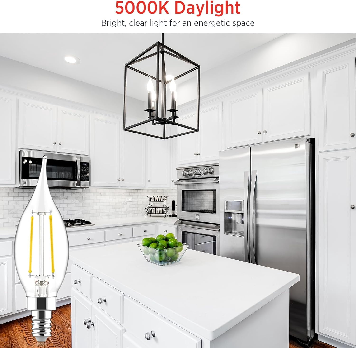 E12 Candelabra LED Bulbs Dimmable, 40W Equivalent CA10 Chandelier Light Bulbs, 5000K Daylight White Candle Bulbs for Chandeliers, Ceiling Fan, Pendant Light, 6 Pack