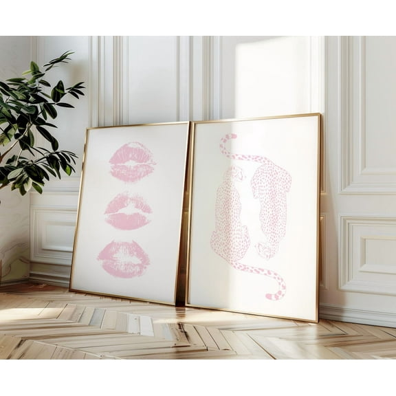 Luvia Pink Cheetah Trendy Pink Gallery Set Of 2 Kiss Lips Apartment Decor Preppy Room Decor College Dorm Leopard Poster Girly, Modern Wall Decor Set 2 Prints 8x12 UNFRAMED