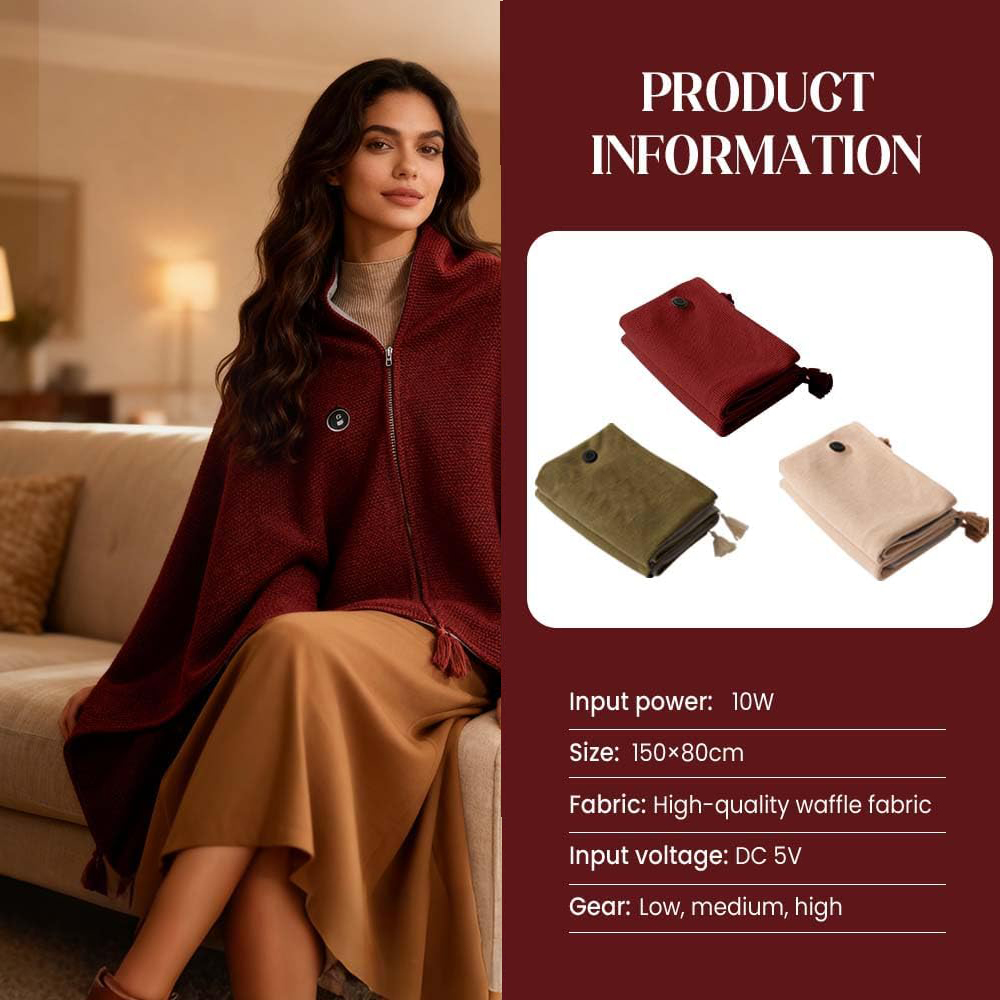 2026 New Portable Heated Blanket Shawl Wrap for Women, Portable Soft Zipper Electric Heated Blanket Shawl with 3 Heating Levels , Machine Washable Heated Wrap for Neck & Shoulder