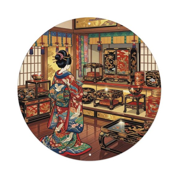 Japanese Geisha Viewing Lacquerware Luster Vintage Metal Tin Sign Plaque Wall Decor for Cafe, Club, Garden Round Metal Poster 8x8Inch