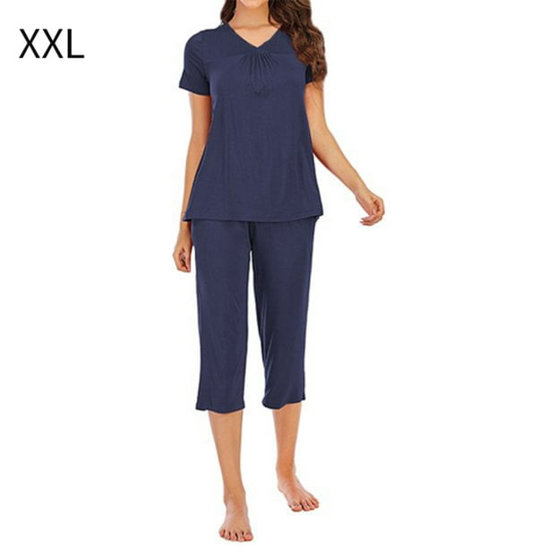 Femmes Vêtements de Nuit Ensemble V Pantalon Haut Pyjama Modal Vêtements de Nuit, Bleu, XXL