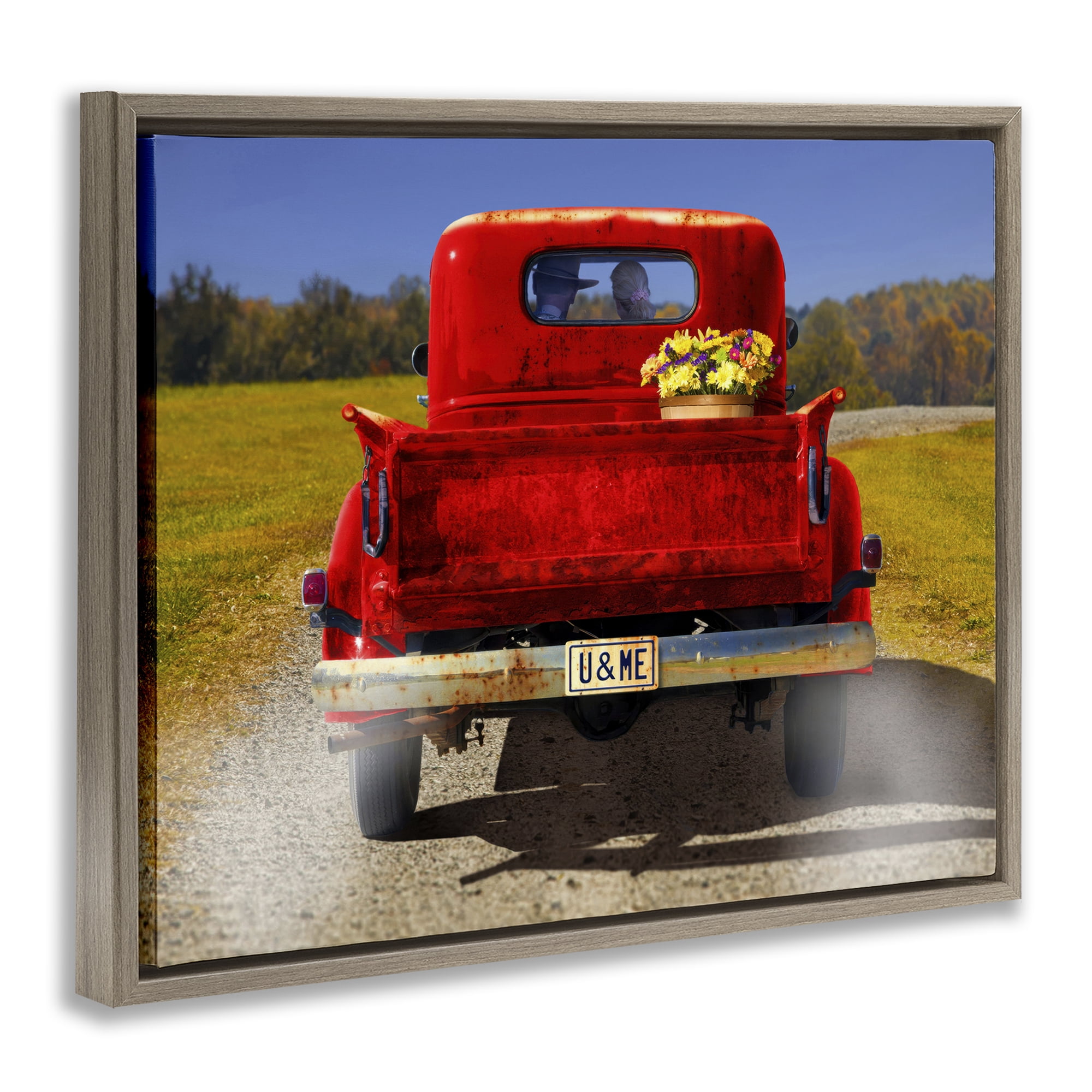 Stupell Industries Cowboy in Red Truck Transportation Painting Brown Floater Framed Canvas Art Print Wall Art, 21 x 17
