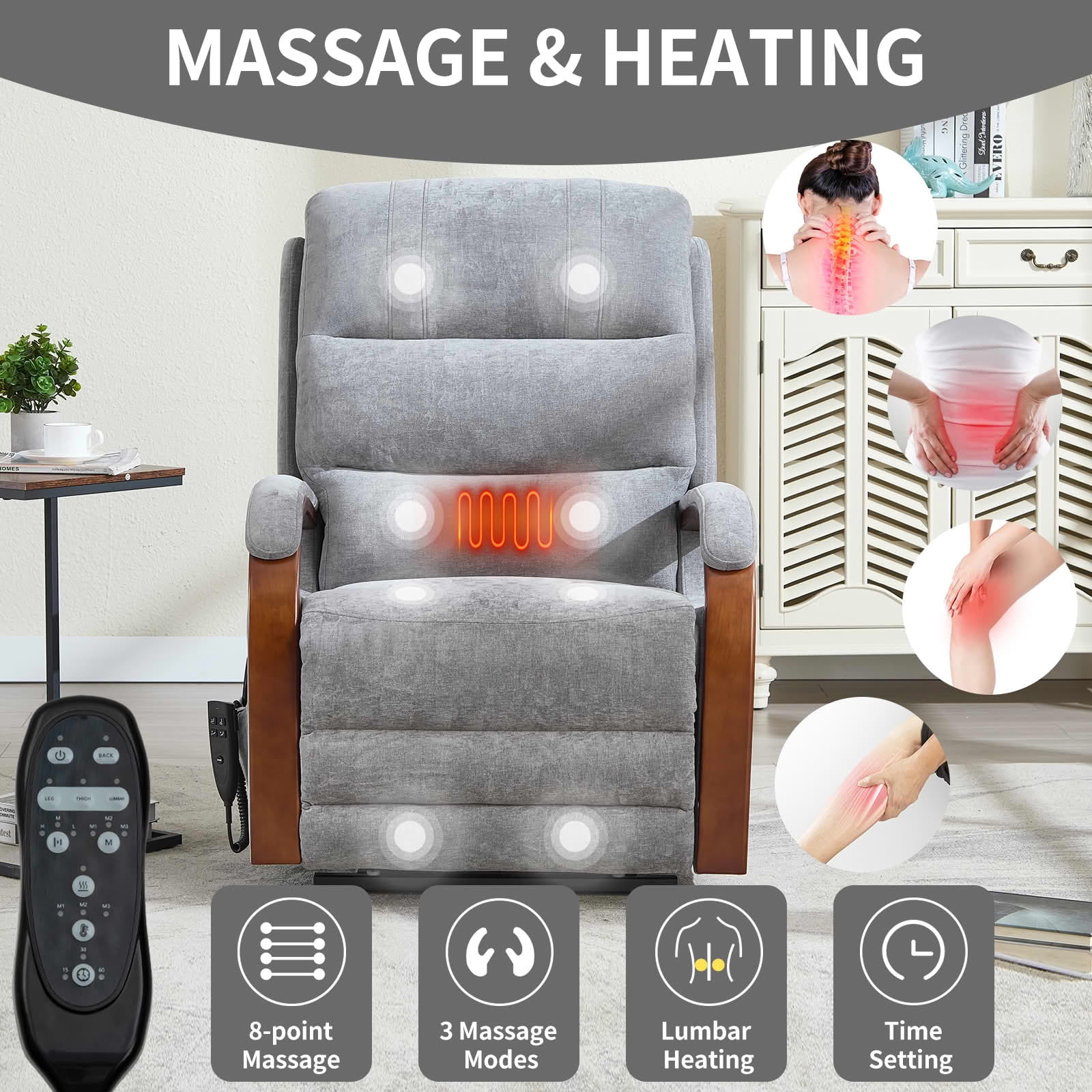 MAYEERTY Gray Chenille Dual Motor Power Lift Recliner, 350lbs Solid Wood Armrest Massage Heat 30"x36"x43" for Elderly