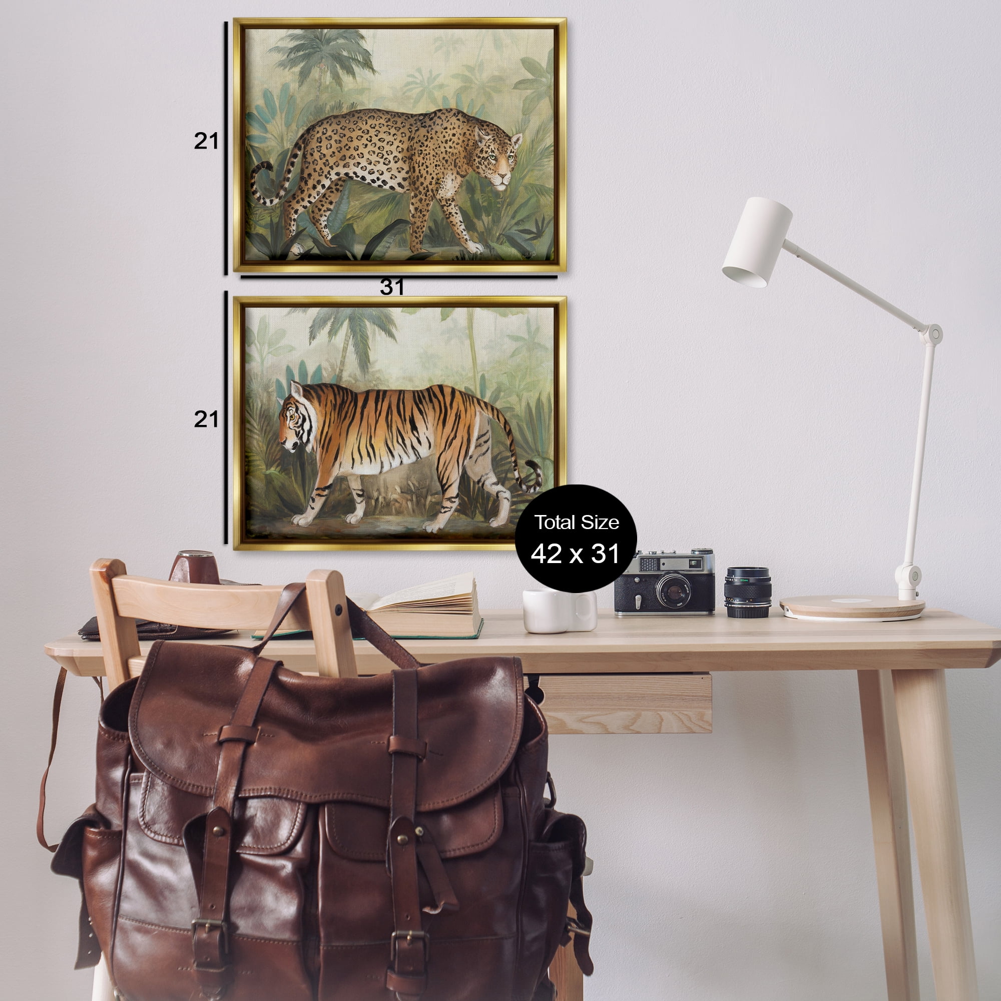 Stupell Industries Jaguar & Tiger Jungle Scene Animals Painting Gold Floater Framed Canvas Art Print Wall Art, 31 x 21, Set of 2