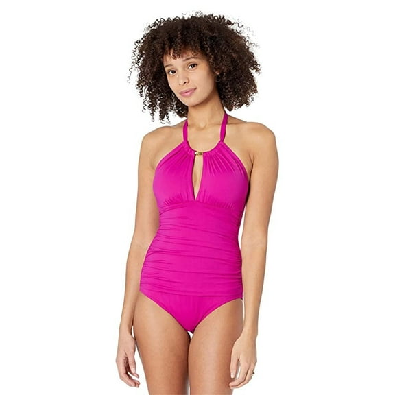Ralph Lauren PURPLE Beach Club Solid Molded Cup Halter Tankini Swim Top, US 10