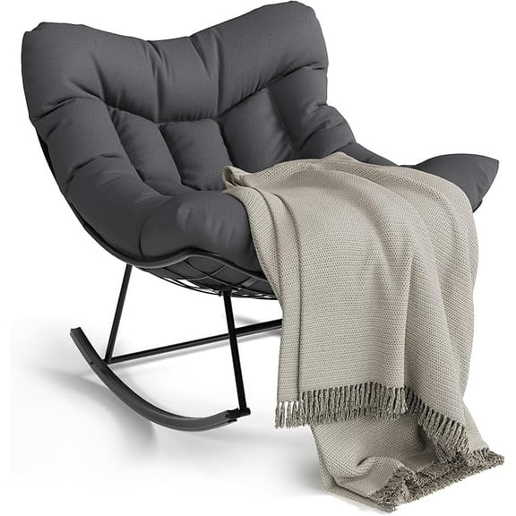 Papasan Rocking Chair, Outdoor Patio Rocking Chairs with Thick Cushion and Removable Side Pockets, Oversized Rocker Egg Chair for Bedroom, Porch, Garden (Gray, 43.3"D x 36.22"W x 24.8"H)