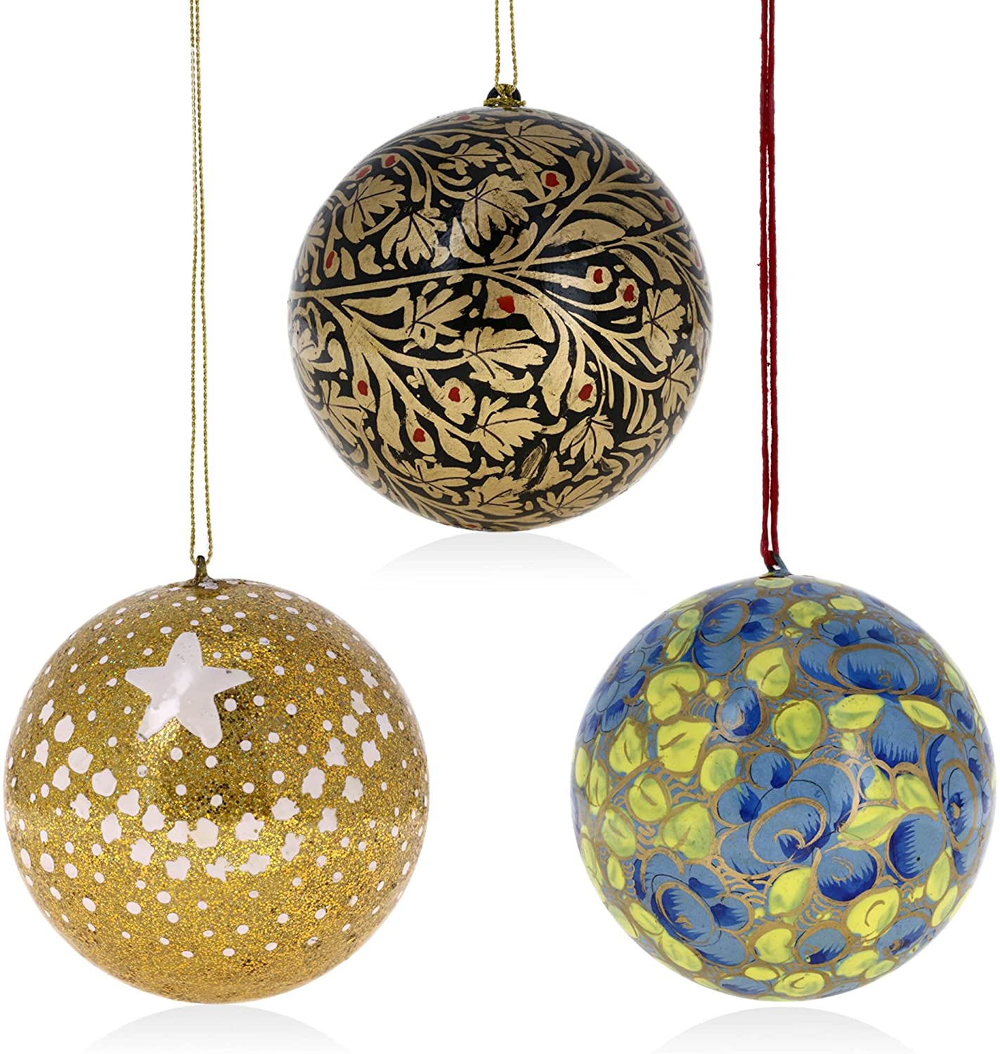 Handmade Paper Mache Christmas Ball Ornaments (Set Of 18) | 3 Inch Diameter | Unique Hand-Painted Designs | From Kashmir, India