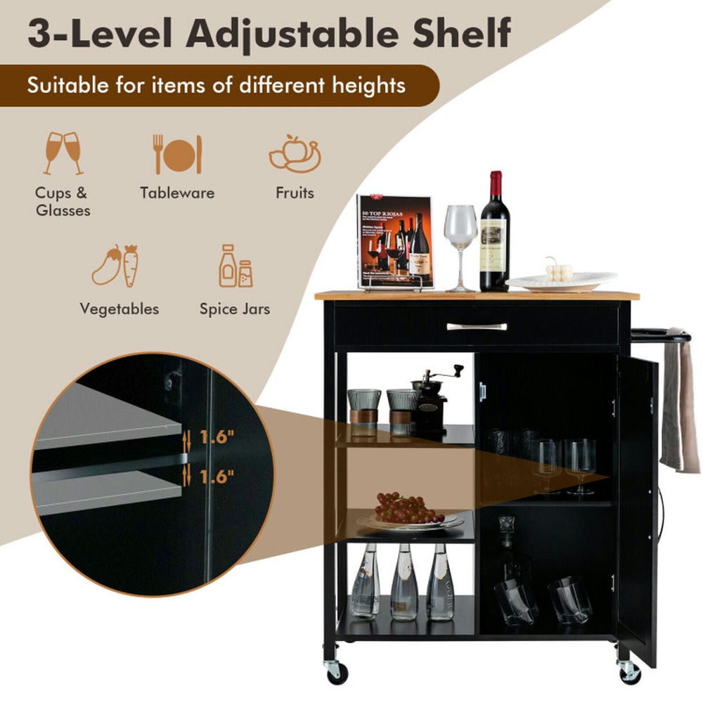 Finihen Rolling Cart, Kitchen Island Cart, Mobile Kitchen Island Cart with Rubber Wood Top, for Kitchen, Dining Room, Black Finihen Rolling Cart, Kitchen Island Cart, Mobile Kitchen Island Cart with Rubber Wood Top, for Kitchen, Dining Room, Black