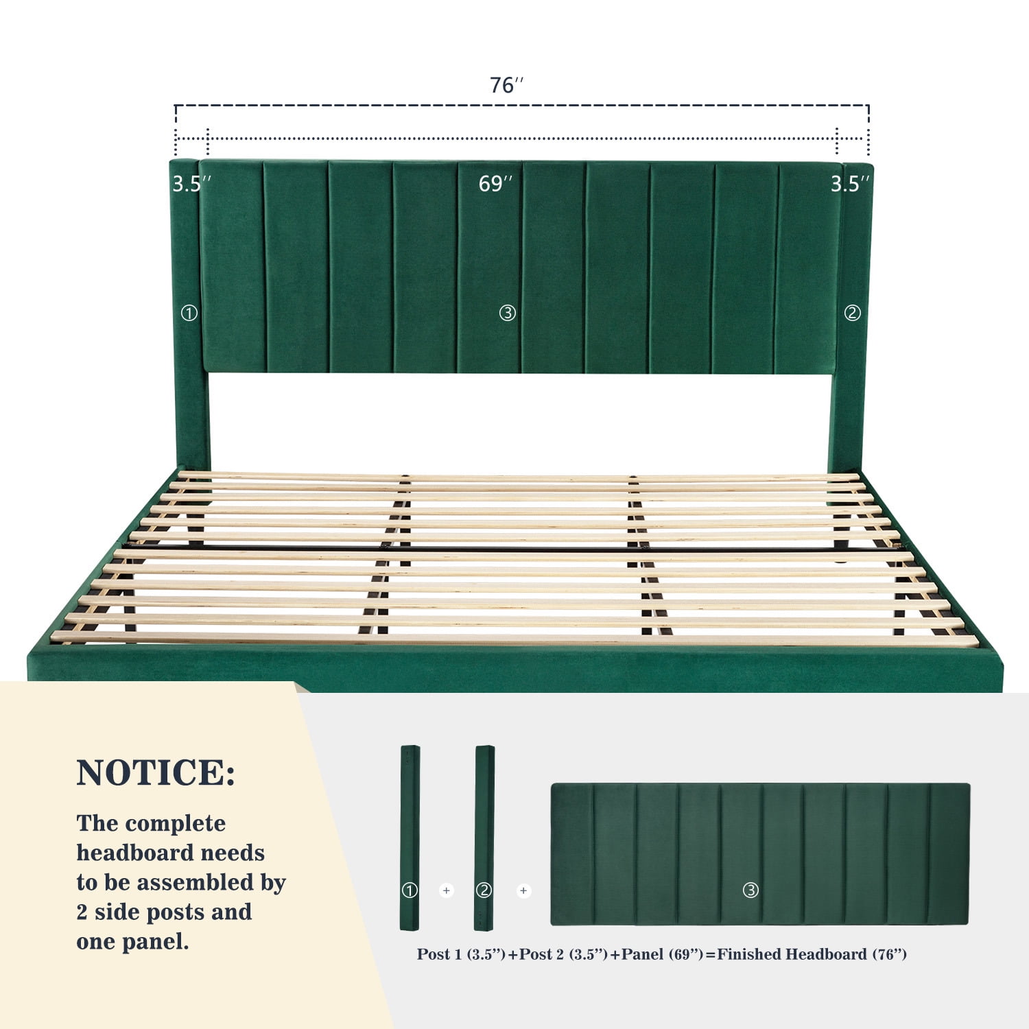 Allewie King Size Velvet Upholstered Bed Frame with Vertical Channel Tufted Headboard, Green