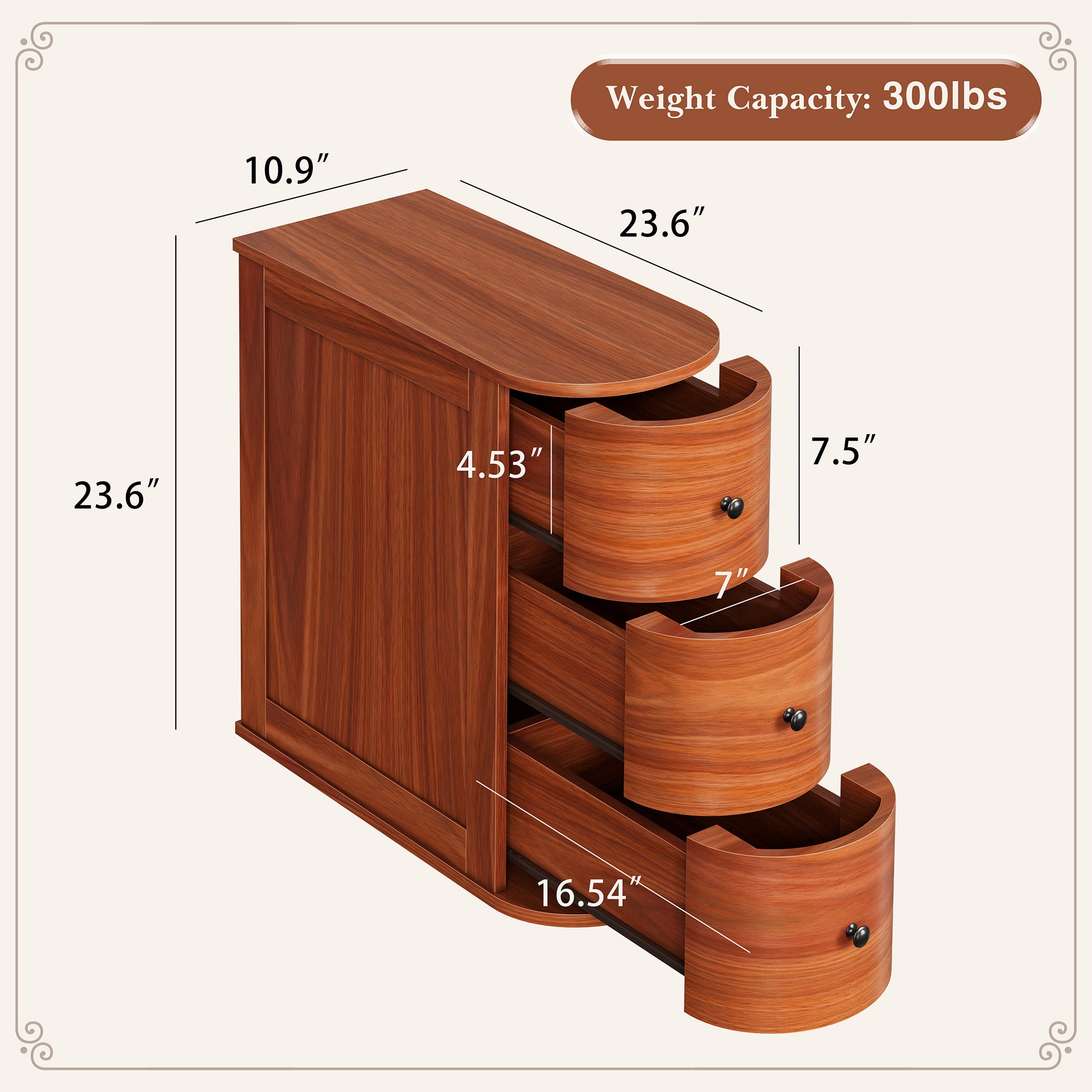 Walsunny Solid End Table with 3 Drawers, Narrow Sofa Side Table with Storage, Vintage Slim Bedside Table Curved Wood Side Table for Living Room, Entryway, Bedroom, Cherry Finish