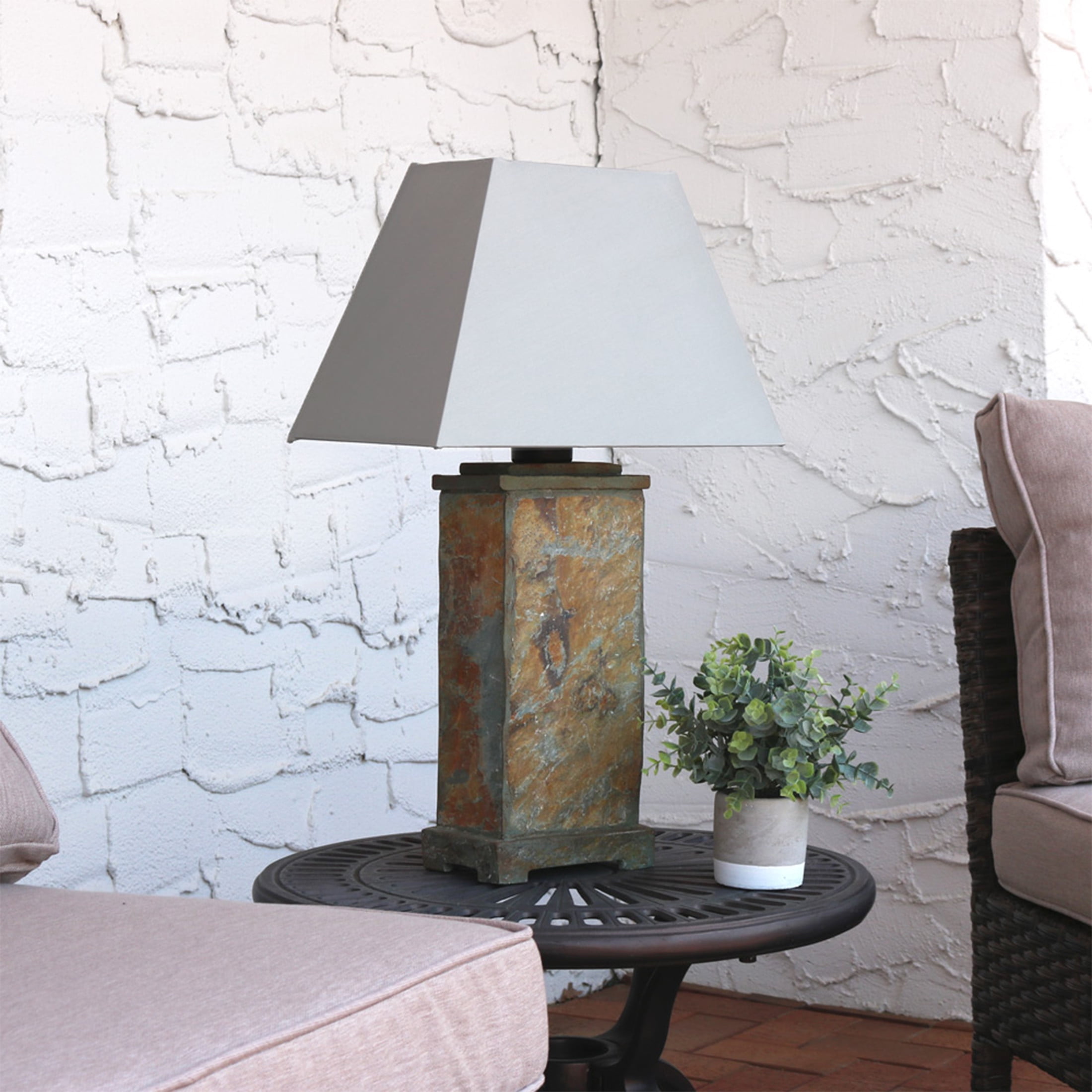Sunnydaze 24" Natural Slate Outdoor Table Lamp with Gray Shade