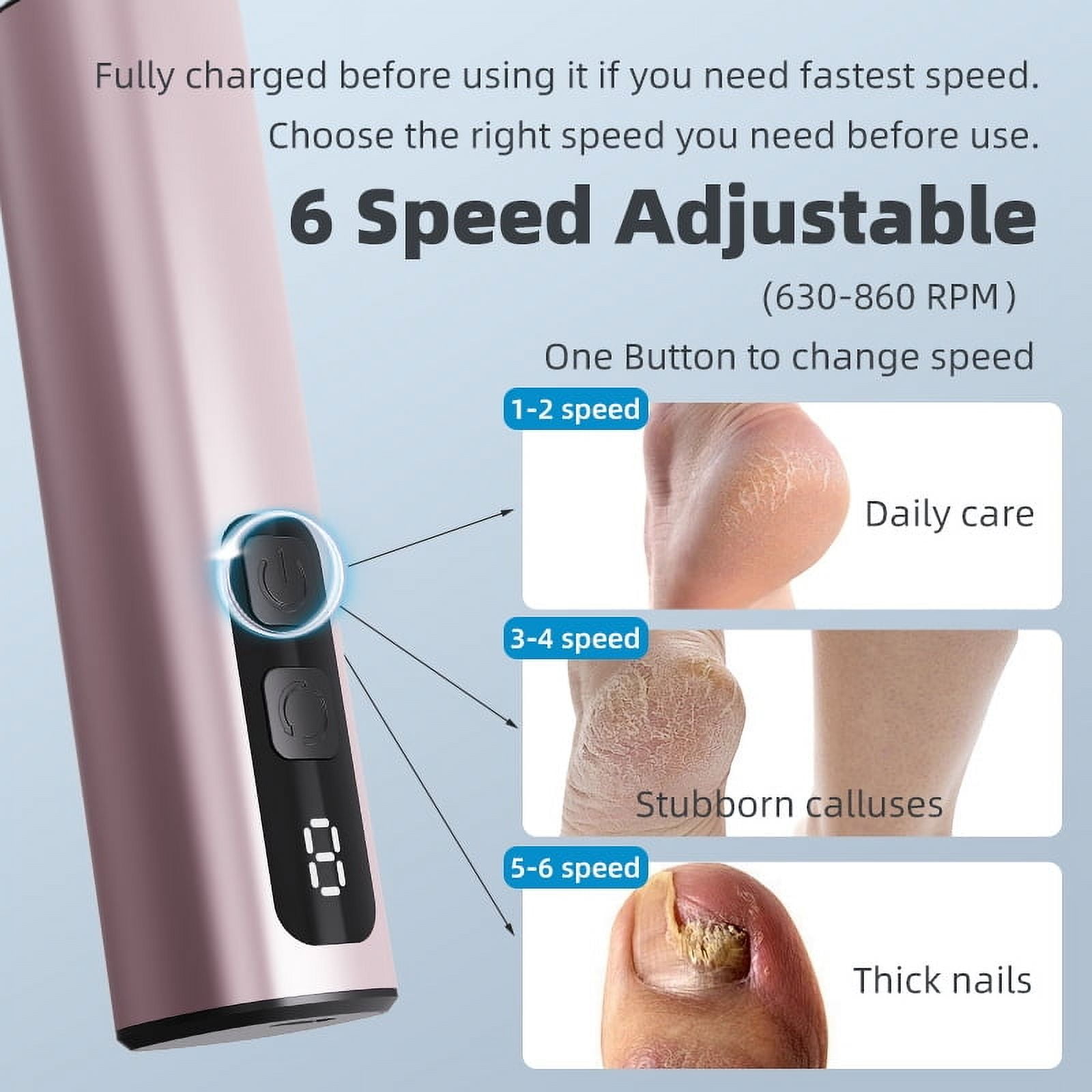 Electric Foot Callus Remover, 2 in 1 Rechargeable Foot File Pedicure Tool, 9 Speeds Electric Foot Scrubber for Dead Skin and Hard Cracked Heels, Callus Remover with Sandpaper Discs (Purple)