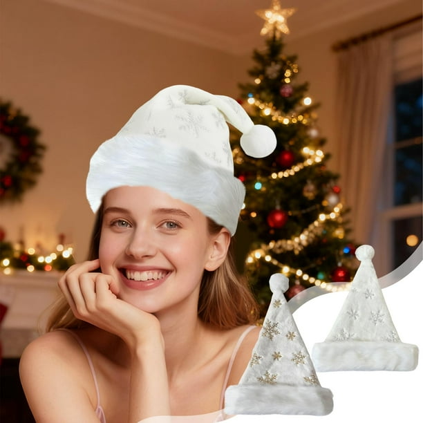 Gorro Navideño de Peluche con Lentejuelas Doradas y Copos de Nieve. Gorro Navideño Decorativo Conciso con Temática Navideña.