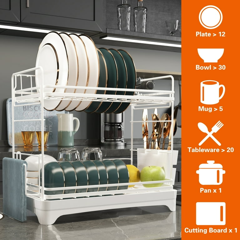 Yoneston Dish Drying Rack 2 Tier Dish Drying Rack with Water Tray Utensil Holder Cutting Board Holder for Small Space Kitchen Counter or Sink Side Walmart