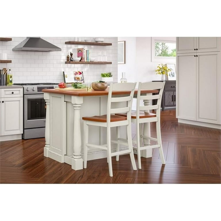 Bowery Hill Kitchen Island and Stools in White and Distressed Oak