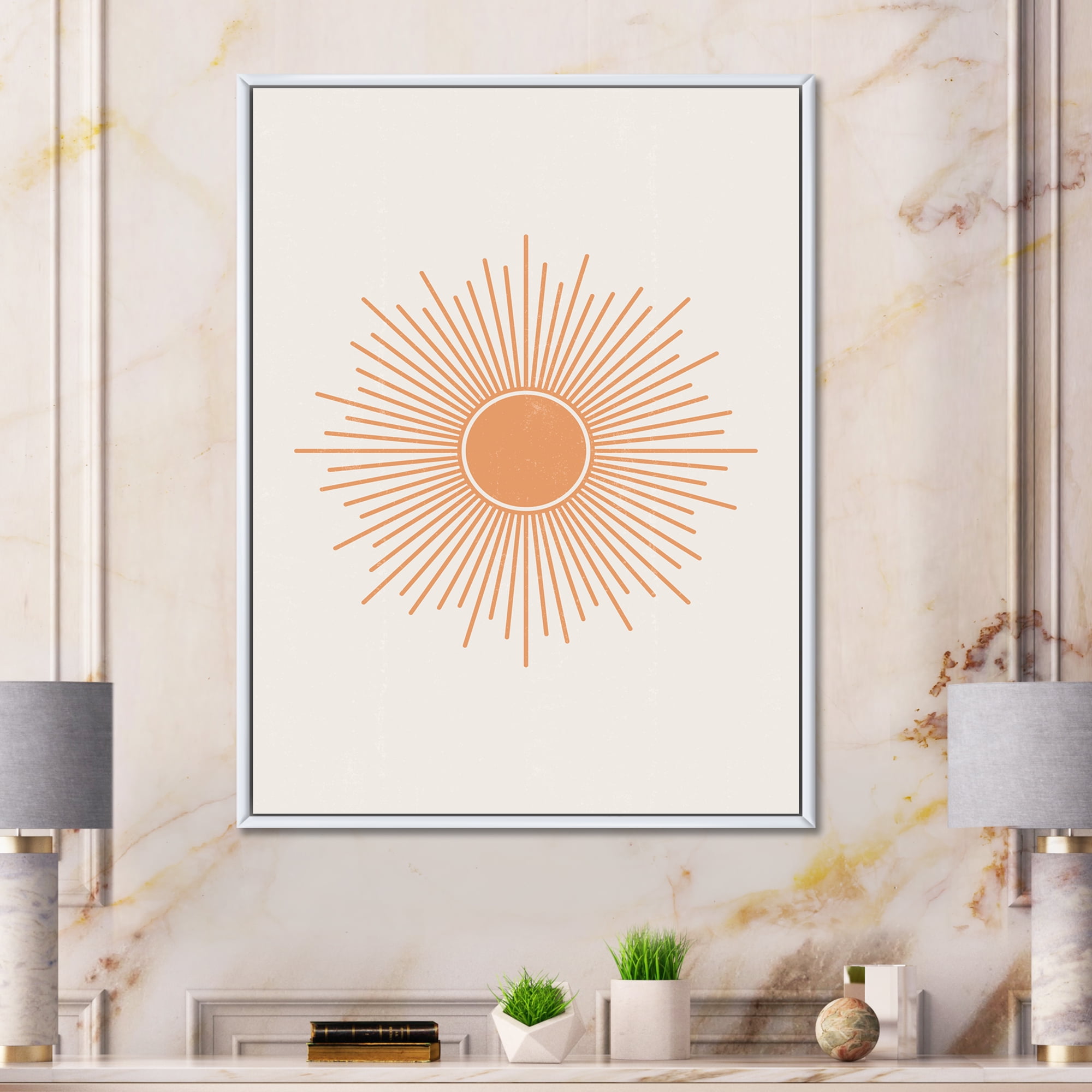 Designart 'Minimal Bright Shining Orange Sun Rays III' Modern Framed Canvas Wall Art Print