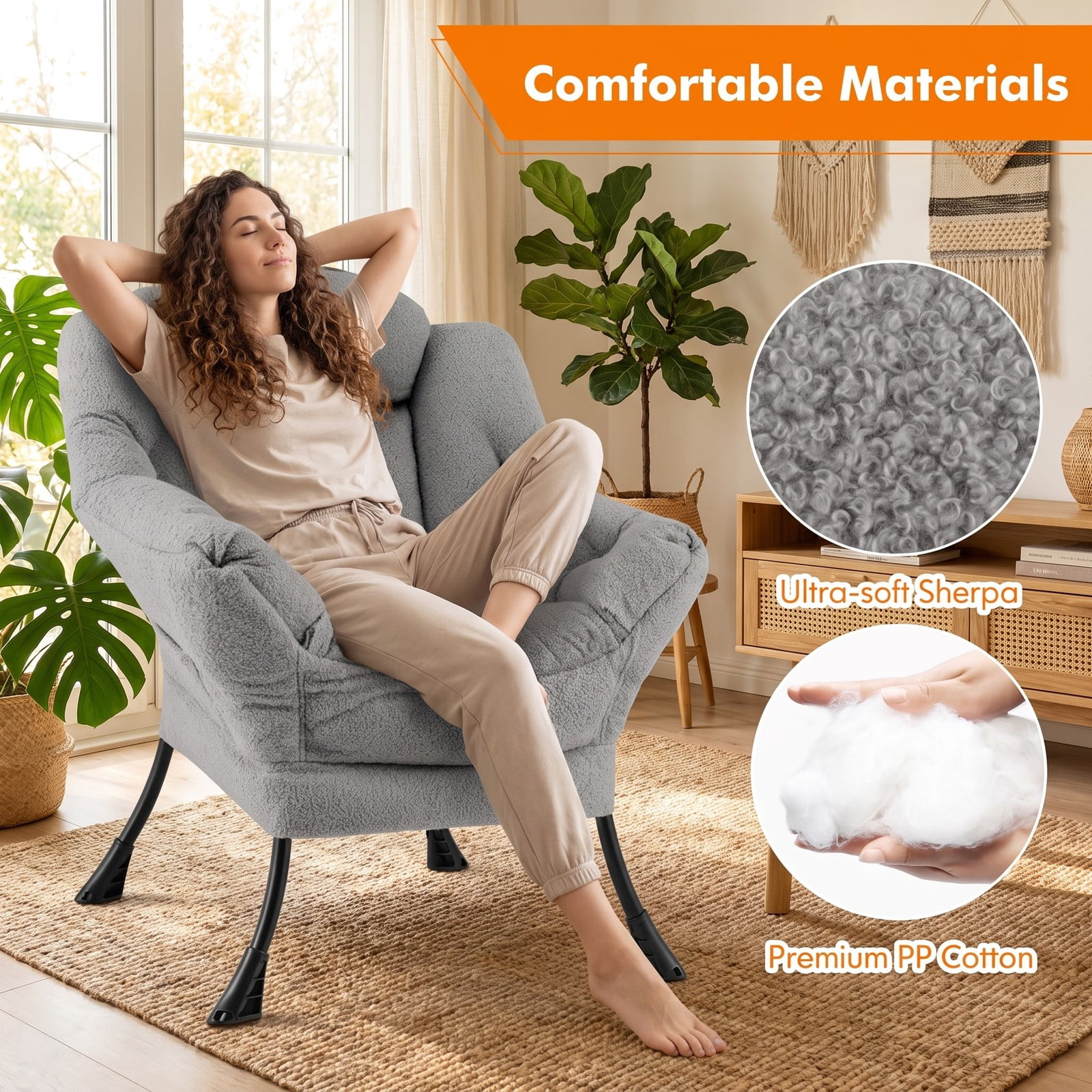 Furnibear Sherpa Upholstered Accent Chair with Cozy Head Pillow, Button Tufted Single Sofa Armchair with Side Pocket for Living Room Bedroom Home Office, 330 lbs, Gray