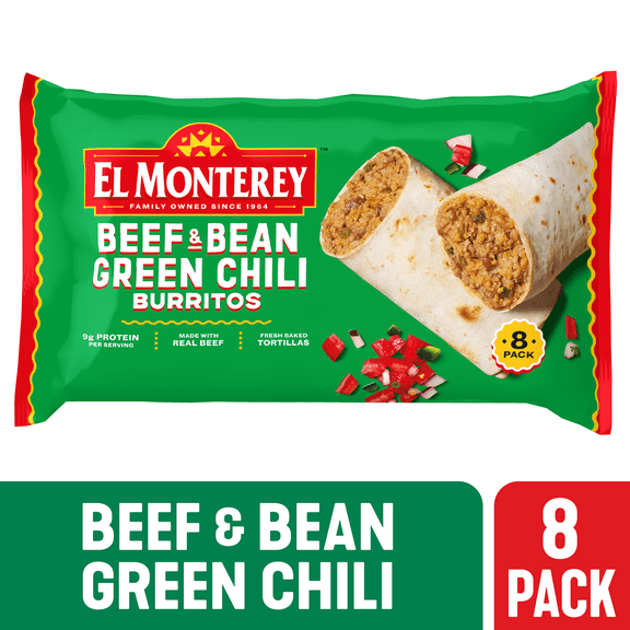 El Monterey Beef & Bean Green Chili Burritos, 32 oz, 8 Count (Frozen)