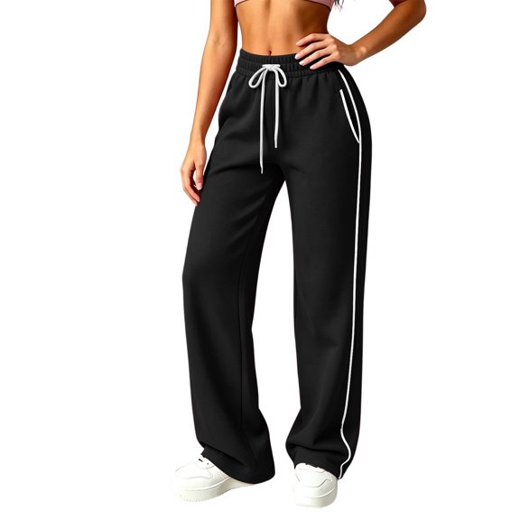 Inleife Women's Retro Sporty Sweatpants with Side Stripes Drawstring High Waist Wide Leg Trousers, Casual Track Pants with Pockets