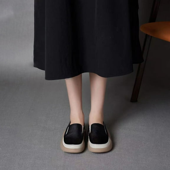 Weloille New Casual Loafers Women's Thick Bottom One Foot Stirrup Maternity Shoes Soft Leather Retro Single Shoes Women's Shoes Casual Shoes